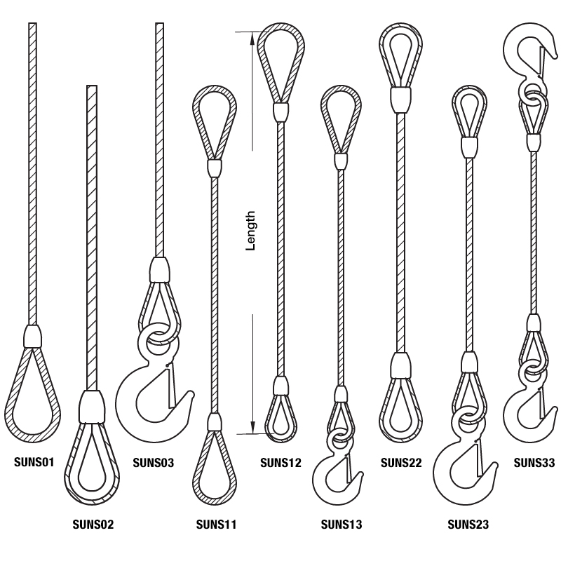Wire Rope Slings Single Legs,  6 x 19, 6 x 26, 6 x 36, 6 x 41 Steel Core EIPS